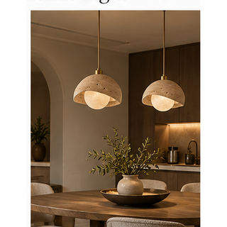 Beamiva Terra Drift Travertine-Look Dome Pendant Light — interior scene