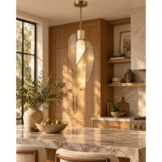 Beamiva Vela Spiral Alabaster-Style, Travertine-Look & Fluted Glass Pendant Light — interior scene