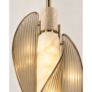 Beamiva Vela Spiral Alabaster-Style, Travertine-Look & Fluted Glass Pendant Light — detail close-up