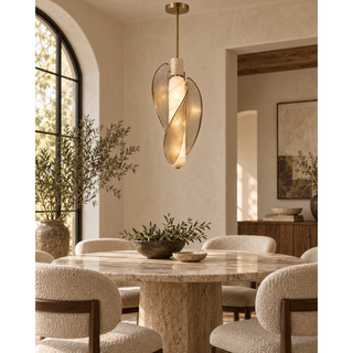 Beamiva Vela Spiral Alabaster-Style, Travertine-Look & Fluted Glass Pendant Light — interior scene