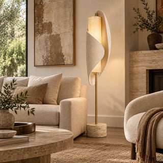 Beamiva Velora Wrap Travertine-Look & Linen-Style Floor Lamp — interior scene