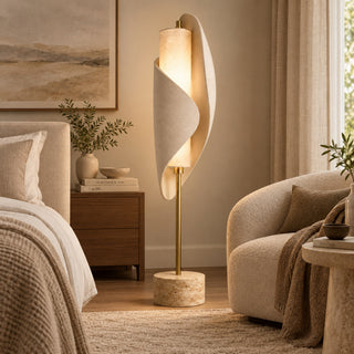 Beamiva Velora Wrap Travertine-Look & Linen-Style Floor Lamp — interior scene