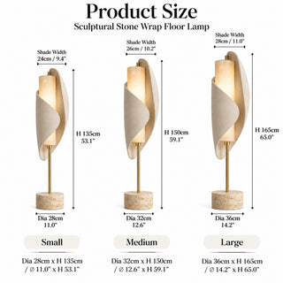 Beamiva Velora Wrap floor lamp product size chart for small medium and large variants