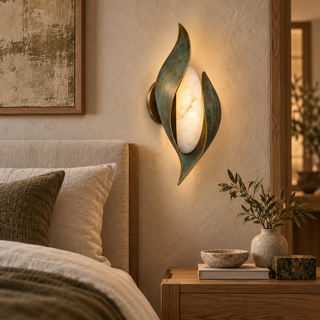 Beamiva Verdant Flame Verdigris-Finish & Alabaster-Style Wall Sconce — interior scene