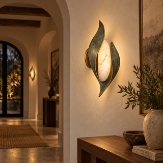Beamiva Verdant Flame Verdigris-Finish & Alabaster-Style Wall Sconce — interior scene