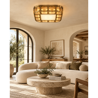 Beamiva Vetra Grid Hammered Amber Glass & Alabaster-Style Ceiling Light — interior scene