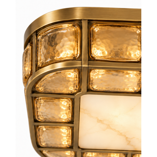 Beamiva Vetra Grid Hammered Amber Glass & Alabaster-Style Ceiling Light — detail close-up